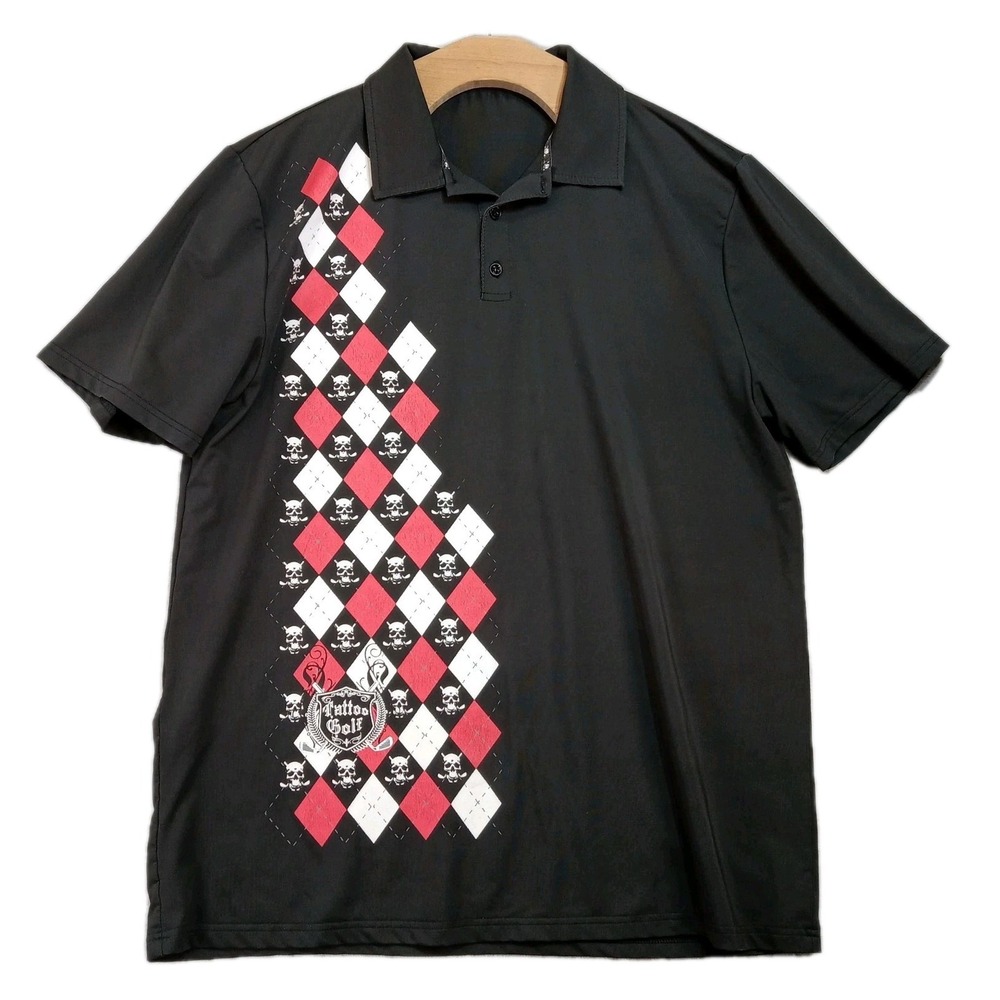 Tattoo Golf Men's XL Polo Shirt Black Red White Skull Argyle Graphic Golf Shirt